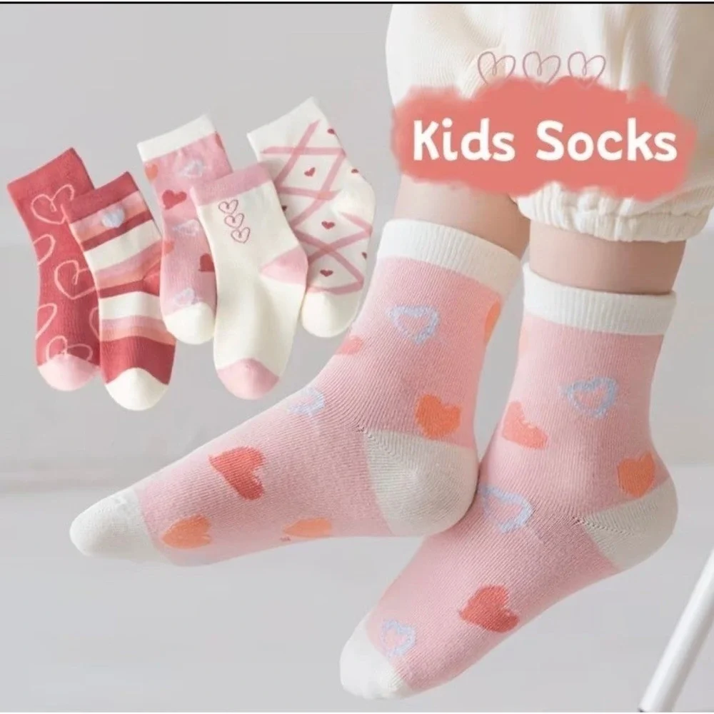 Girls Polychrome Heart Spring Whimsical Socks 4-6 Pink Casual Pastel 5 Pairs